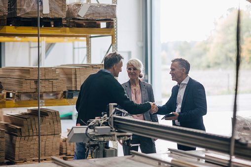 Owner shaking hands with businessman standing by colleague in lumber industry